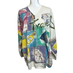 Vintage 90’s KOLORWAY Sweater Hand Painted Art to Wear Travel Theme Color